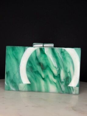 Green and White Marbled Acrylic Box‎ Clutch with Gold Chain